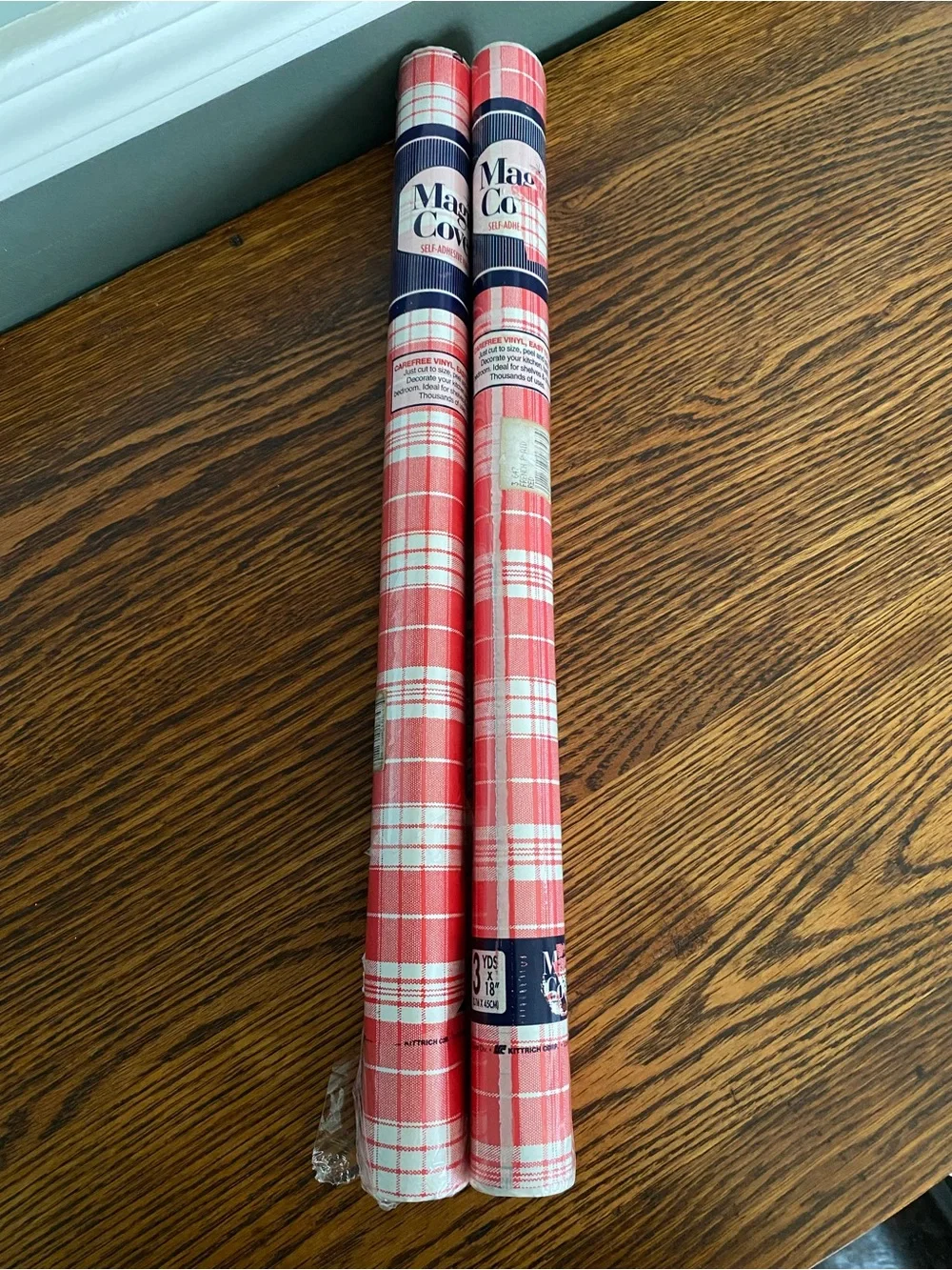 NOS Vintage Magic Cover Red Plaid Self Adhesive Vinyl Shelf Liner Roll Set of 2